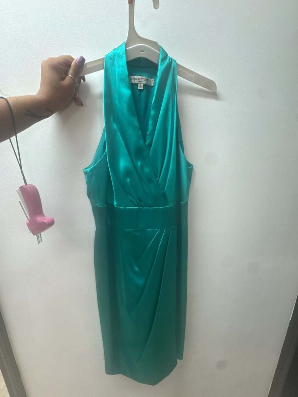 Evan-Picone Emerald Green Sleeveless Satin Halter Midi Dress with Draped Front